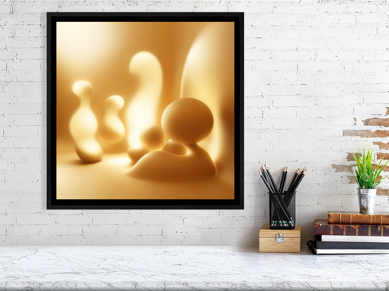 Golden Lumina - Golden Echoes by Lucas Vale – Giclée Print, 70cm x 100cm, 27.6in x 39.4in, White Frame, placed above a sleek desk in a modern workspace