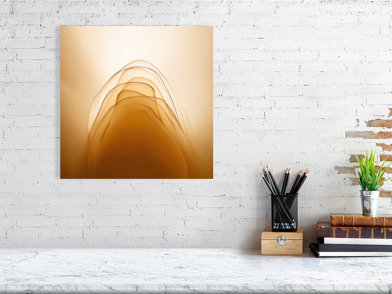 Golden Lumina - Golden Layers by Lucas Vale – Giclée Print, 50cm x 50cm, 19.7in x 19.7in, Oak Frame, placed above a sleek desk in a modern workspace