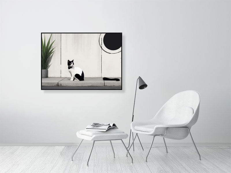 The Tale Of A Cat - Pt 1 - Quiet Patterns by Elena Selene – Giclée Print, 94cm x 167cm, 36.9in x 65.7in, Print Only, placed above a sleek desk in a modern workspace