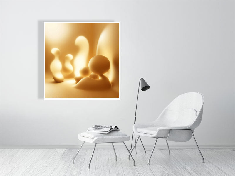 Golden Lumina - Golden Echoes by Lucas Vale – Giclée Print, 40cm x 40cm, 15.8in x 15.8in, Black Frame, placed above a sleek desk in a modern workspace