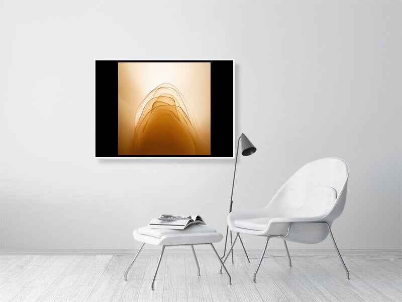 Golden Lumina - Golden Layers by Lucas Vale – Giclée Print, 30cm x 30cm, 11.8in x 11.8in, Print Only, placed above a sleek desk in a modern workspace
