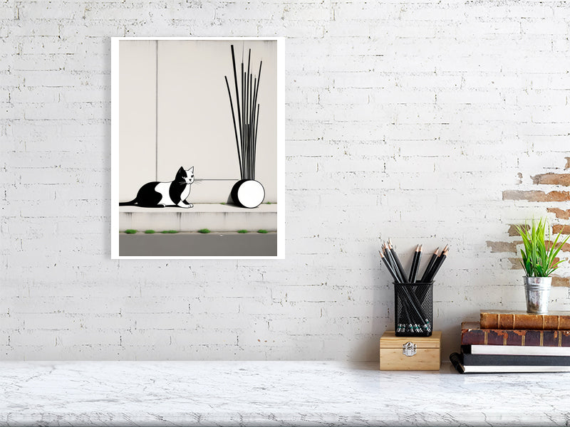 The Tale Of A Cat - Pt 1 - Linear Curiosity by Elena Selene – Giclée Print, 68cm x 89cm, 26.9in x 35.1in, Print Only, placed above a sleek desk in a modern workspace