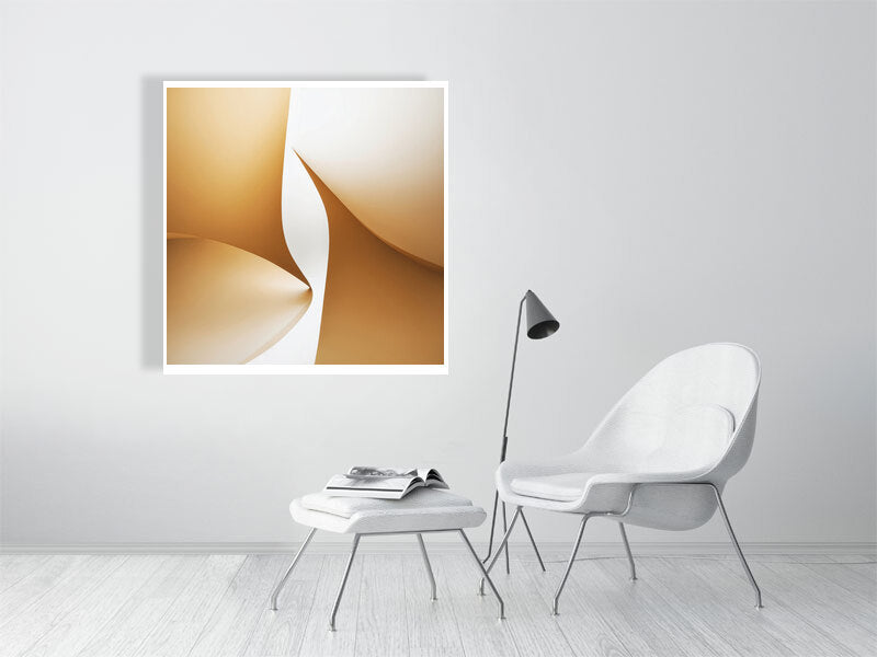 Golden Lumina - Golden Aperture by Lucas Vale – Giclée Print, 40cm x 40cm, 15.8in x 15.8in, Print Only, placed above a sleek desk in a modern workspace