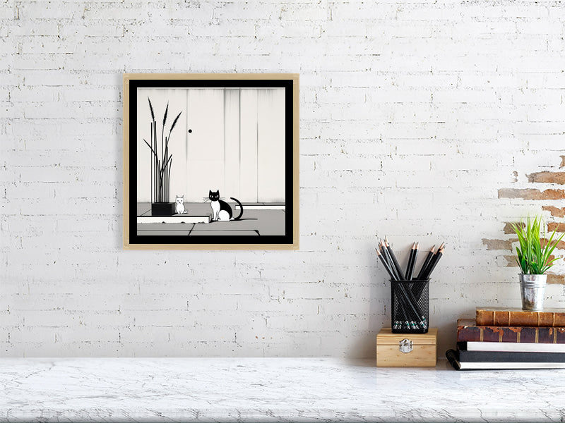 The Tale Of A Cat - Pt 1 - Companions In Stillness by Elena Selene – Giclée Print, 44cm x 66cm, 17.3in x 26.0in, Print Only, placed above a sleek desk in a modern workspace