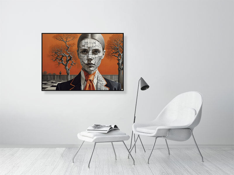 Fragments Of The Orange Labyrinth - Shattered Identity by Marina Sable – Giclée Print, 94cm x 167cm, 36.9in x 65.7in, Print Only, placed above a sleek desk in a modern workspace