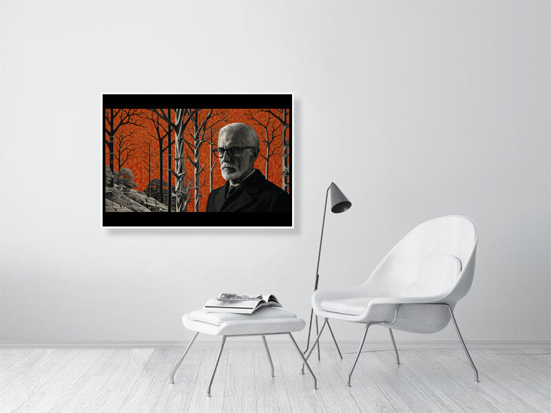 Fragments Of The Orange Labyrinth - The Watchful Grove by Marina Sable – Giclée Print, 94cm x 167cm, 36.9in x 65.7in, Print Only, placed above a sleek desk in a modern workspace