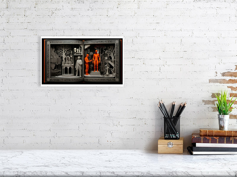 Fragments Of The Orange Labyrinth - Anatomical Eden by Marina Sable – Giclée Print, 31cm x 56cm, 12.2in x 22.0in, Print Only, placed above a sleek desk in a modern workspace