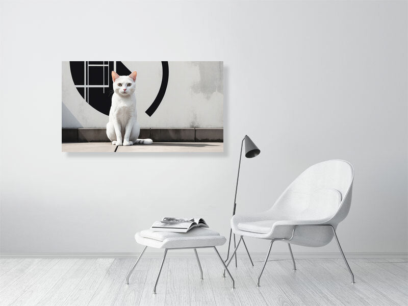 The Tale Of A Cat - Pt 1 - Gaze Of Simplicity by Elena Selene – Giclée Print, 50cm x 50cm, 19.7in x 19.7in, Print Only, placed above a sleek desk in a modern workspace