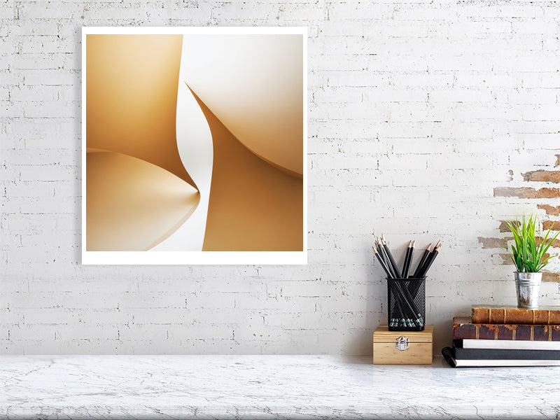 Golden Lumina - Golden Aperture by Lucas Vale – Giclée Print, 40cm x 40cm, 15.8in x 15.8in, Black Frame, placed above a sleek desk in a modern workspace
