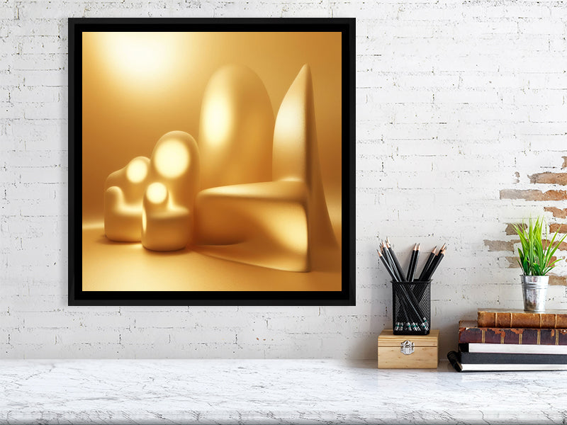 Golden Lumina - Luminous Haven by Lucas Vale – Giclée Print, 42cm x 44cm, 16.3in x 17.2in, Print Only, placed above a sleek desk in a modern workspace