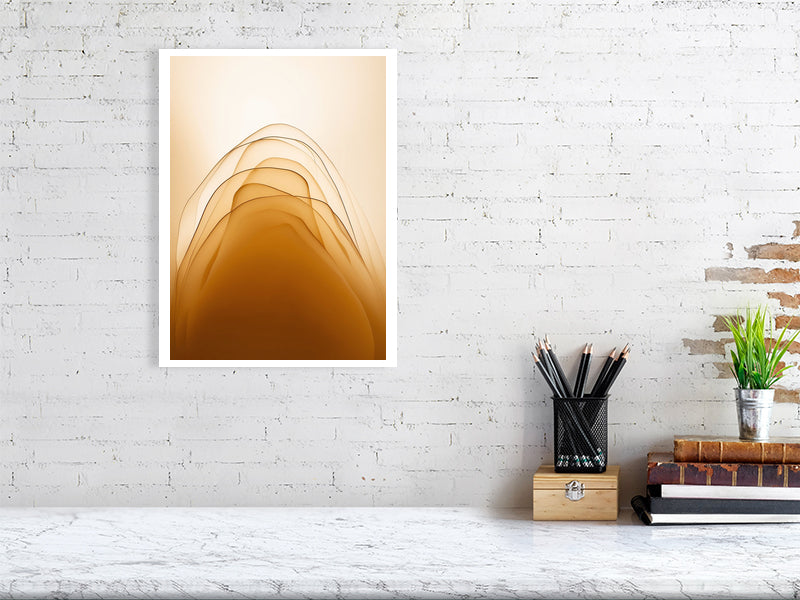 Golden Lumina - Golden Layers by Lucas Vale – Giclée Print, 60cm x 83cm, 23.8in x 32.7in, Print Only, placed above a sleek desk in a modern workspace