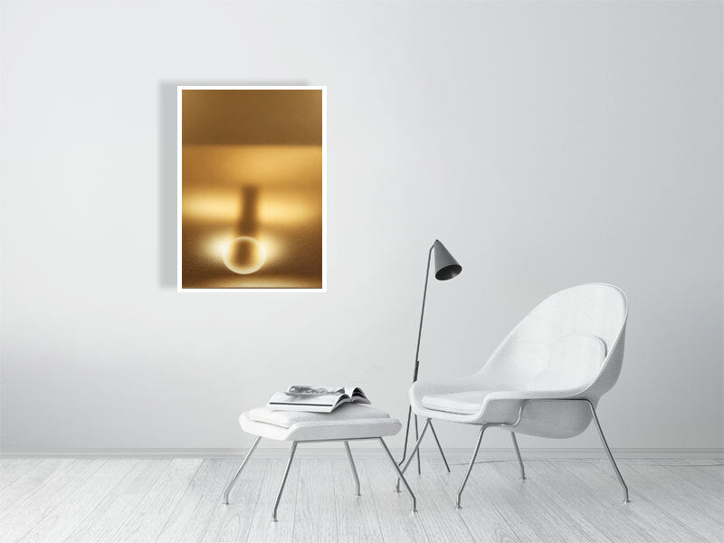 Golden Lumina - Radiant Horizon by Lucas Vale – Giclée Print, 41cm x 41cm, 16.0in x 16.2in, Print Only, placed above a sleek desk in a modern workspace