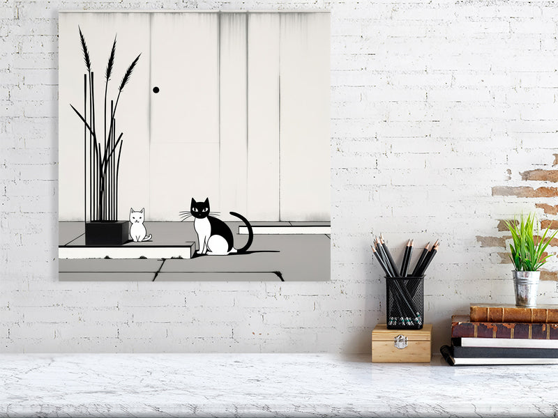 The Tale Of A Cat - Pt 1 - Companions In Stillness by Elena Selene – Giclée Print, 60cm x 80cm, 23.8in x 31.5in, Black Frame, placed above a sleek desk in a modern workspace