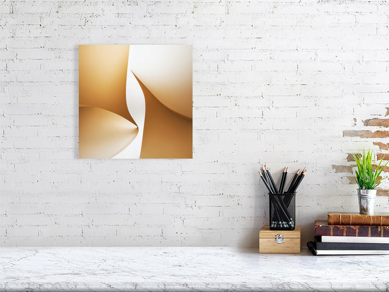 Golden Lumina - Golden Aperture by Lucas Vale – Giclée Print, 70cm x 100cm, 27.6in x 39.4in, White Frame, placed above a sleek desk in a modern workspace