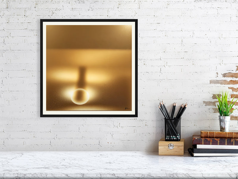 Golden Lumina - Radiant Horizon by Lucas Vale – Giclée Print, 50cm x 50cm, 19.7in x 19.7in, Print Only, placed above a sleek desk in a modern workspace
