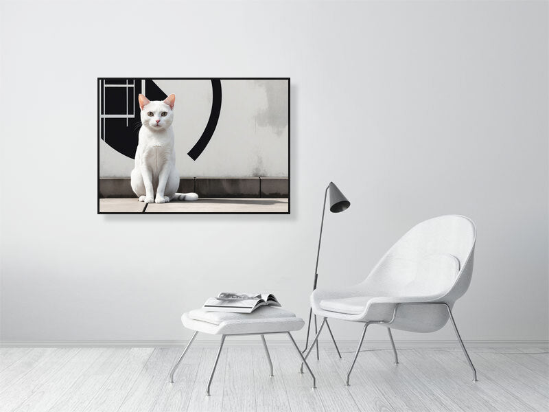 The Tale Of A Cat - Pt 1 - Gaze Of Simplicity by Elena Selene – Giclée Print, 60cm x 80cm, 23.8in x 31.5in, Black Frame, placed above a sleek desk in a modern workspace