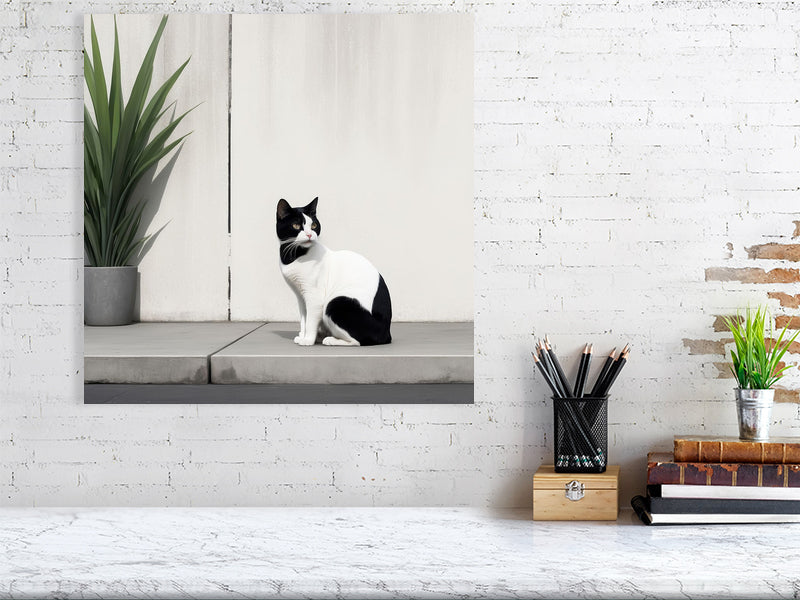 The Tale Of A Cat - Pt 1 - Quiet Patterns by Elena Selene – Giclée Print, 60cm x 80cm, 23.8in x 31.5in, Black Frame, placed above a sleek desk in a modern workspace