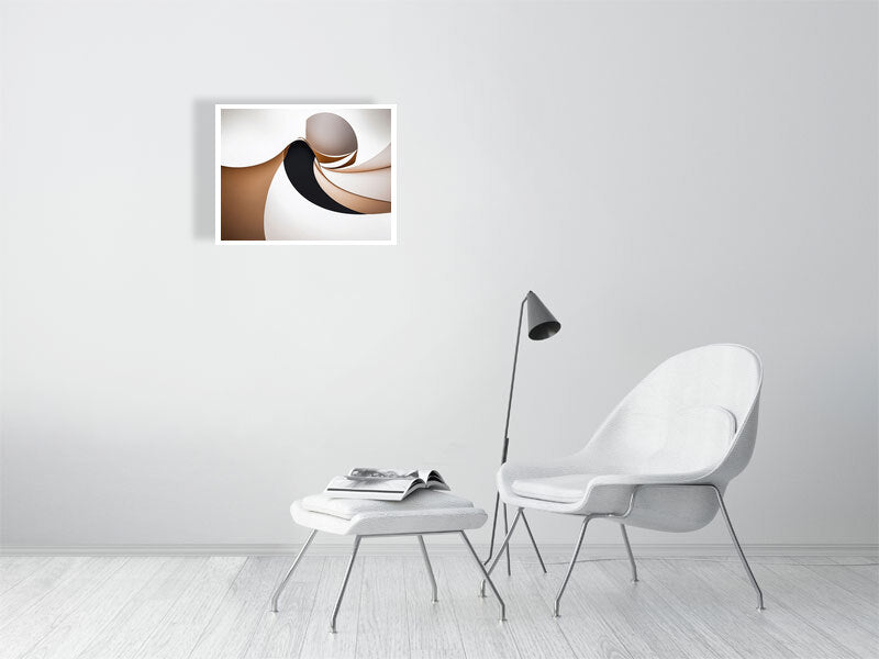 Golden Lumina - Spiral Interlude by Lucas Vale – Giclée Print, 41cm x 41cm, 16.0in x 16.2in, Print Only, placed above a sleek desk in a modern workspace