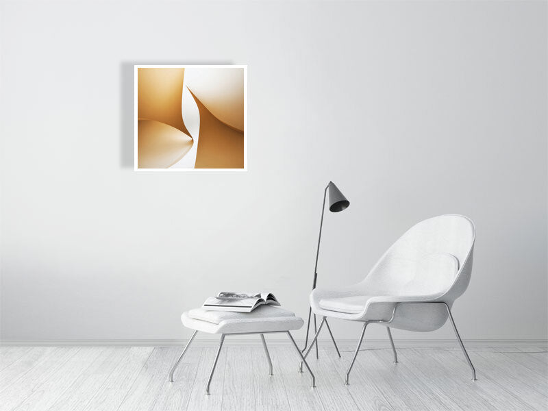 Golden Lumina - Golden Aperture by Lucas Vale – Giclée Print, 41cm x 41cm, 16.0in x 16.2in, Print Only, placed above a sleek desk in a modern workspace