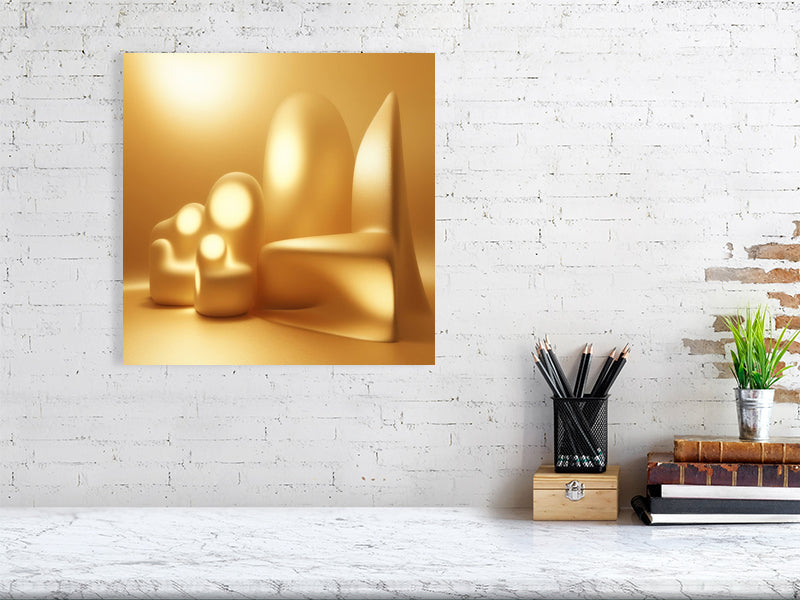 Golden Lumina - Luminous Haven by Lucas Vale – Giclée Print, 70cm x 100cm, 27.6in x 39.4in, White Frame, placed above a sleek desk in a modern workspace