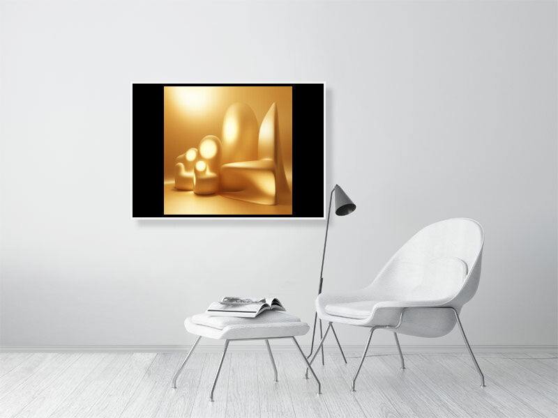 Golden Lumina - Luminous Haven by Lucas Vale – Giclée Print, 30cm x 30cm, 11.8in x 11.8in, Print Only, placed above a sleek desk in a modern workspace
