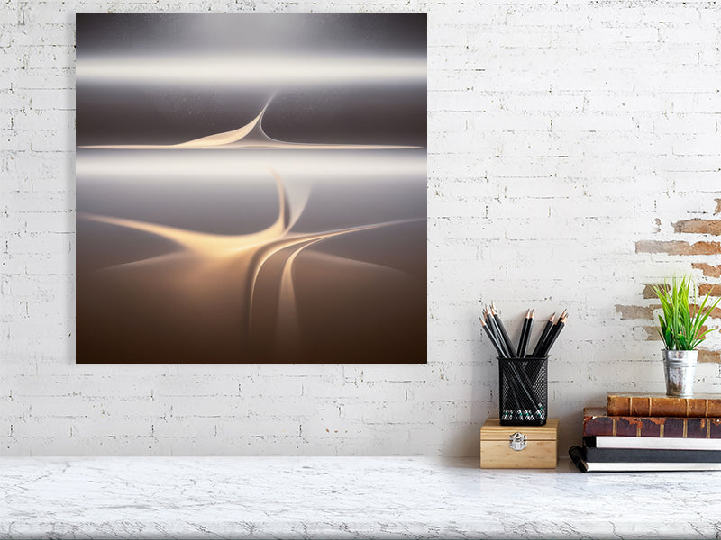 Golden Lumina - Veil Of Light by Lucas Vale – Giclée Print, 50cm x 50cm, 19.7in x 19.7in, Black Frame, placed above a sleek desk in a modern workspace