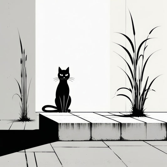 The Tale Of A Cat - Pt 1 - Solitary Grace by Elena Selene – Giclée Print, 43cm x 65cm, 16.9in x 25.6in, Print Only, placed above a sleek desk in a modern workspace