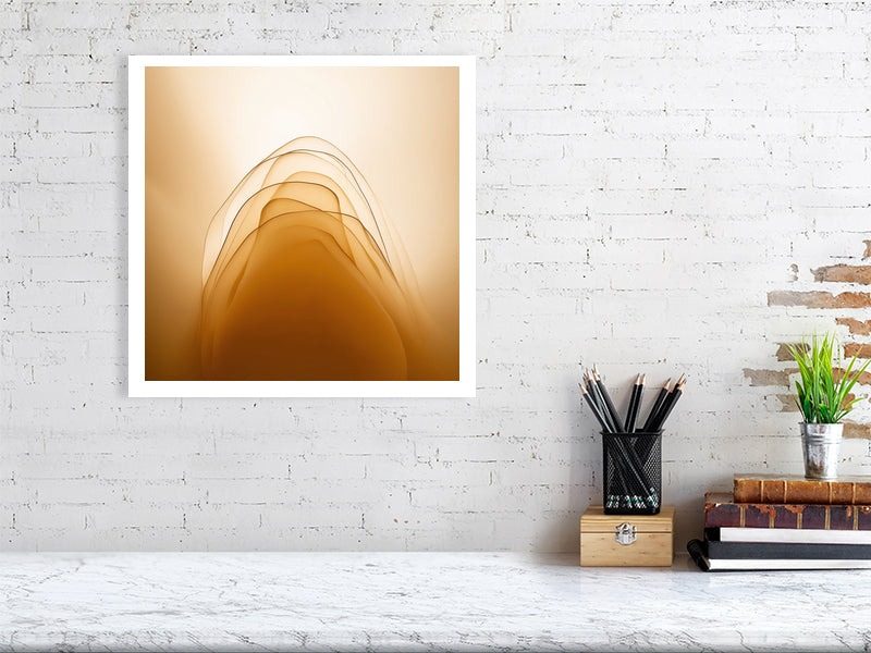 Golden Lumina - Golden Layers by Lucas Vale – Giclée Print, 95cm x 98cm, 37.4in x 38.6in, Print Only, placed above a sleek desk in a modern workspace