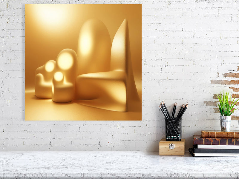 Golden Lumina - Luminous Haven by Lucas Vale – Giclée Print, 40cm x 40cm, 15.8in x 15.8in, Black Frame, placed above a sleek desk in a modern workspace