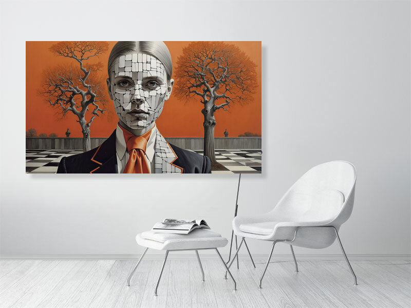 Fragments Of The Orange Labyrinth - Shattered Identity by Marina Sable – Giclée Print, a striking artwork designed to elevate any modern interior.