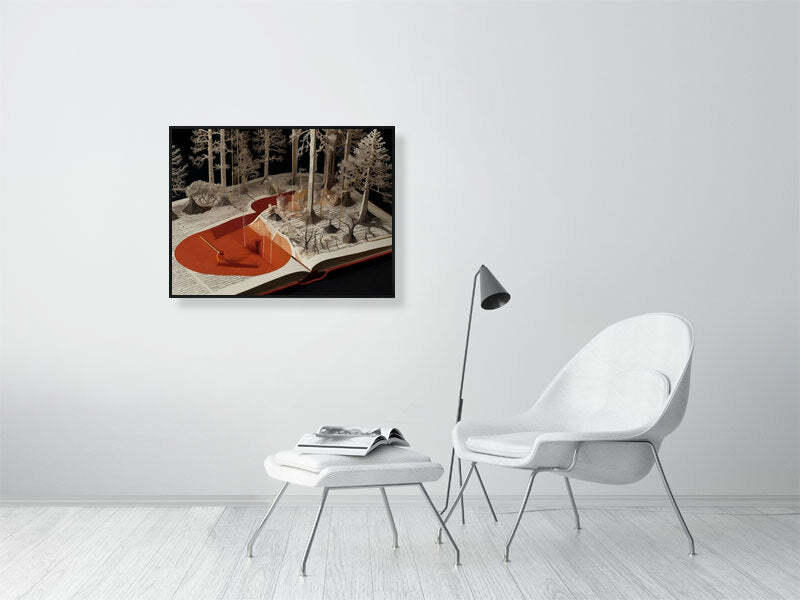 Fragments Of The Orange Labyrinth - Tales Of The Grove by Marina Sable – Giclée Print, 40cm x 60cm, 15.8in x 23.6in, Print Only, placed above a sleek desk in a modern workspace