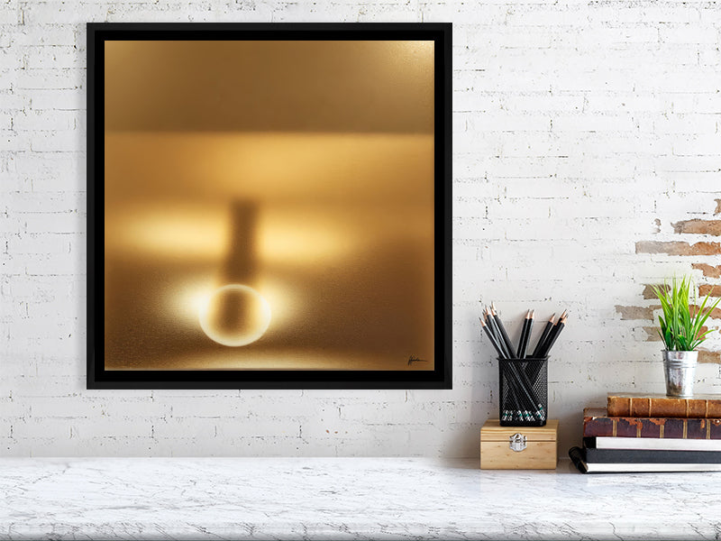 Golden Lumina - Radiant Horizon by Lucas Vale – Giclée Print, 42cm x 44cm, 16.3in x 17.2in, Print Only, placed above a sleek desk in a modern workspace