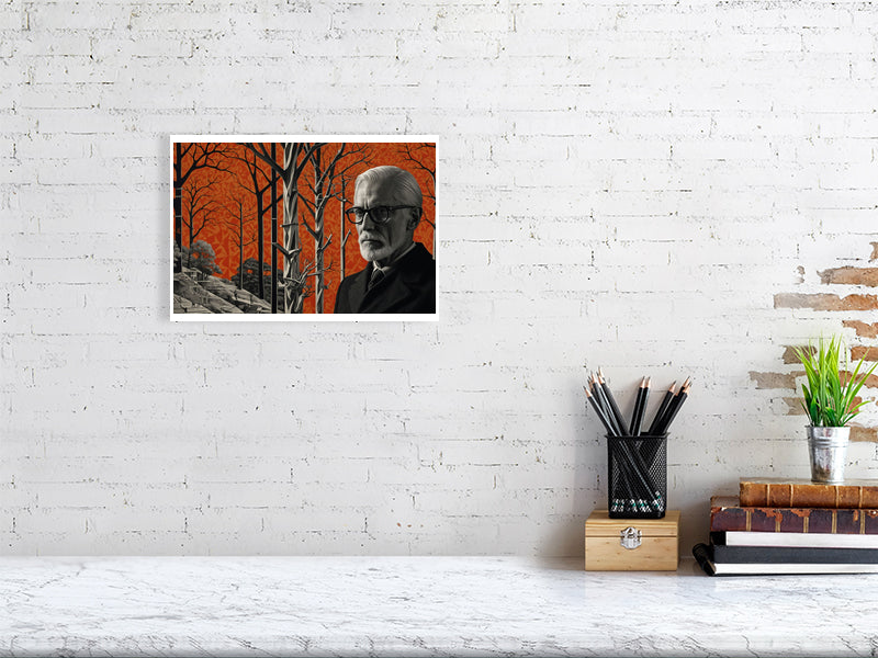 Fragments Of The Orange Labyrinth - The Watchful Grove by Marina Sable – Giclée Print, 30cm x 42cm, 11.7in x 16.5in, Print Only, placed above a sleek desk in a modern workspace