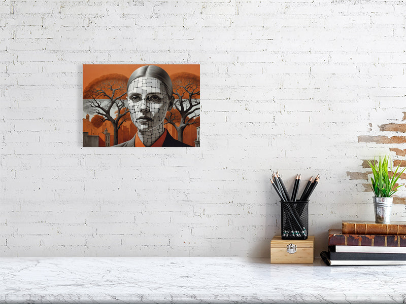 Fragments Of The Orange Labyrinth - Roots Of Identity by Marina Sable – Giclée Print, 30cm x 42cm, 11.7in x 16.5in, Print Only, placed above a sleek desk in a modern workspace