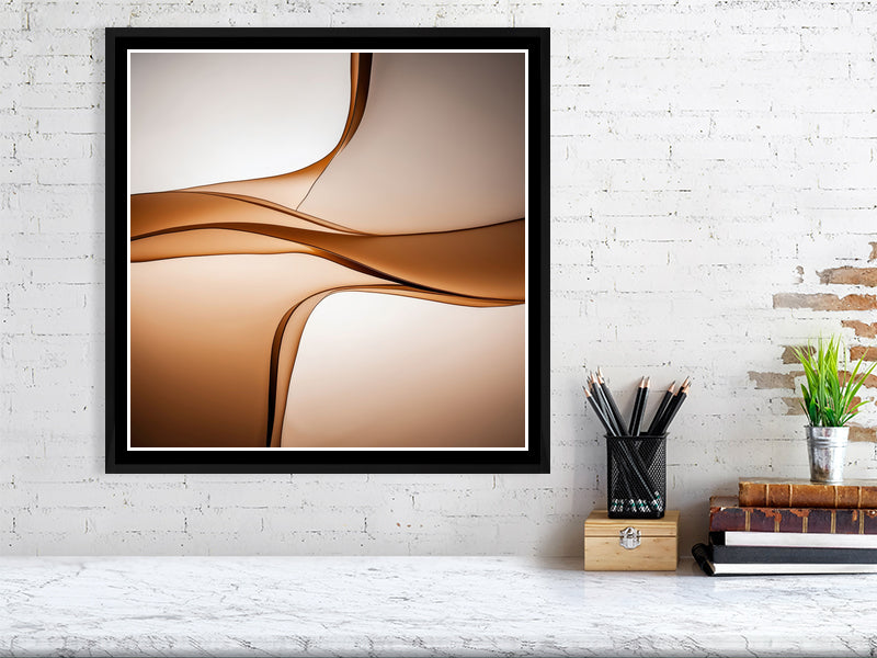 Golden Lumina - Sepia Flow by Lucas Vale – Giclée Print, 42cm x 44cm, 16.3in x 17.2in, Print Only, placed above a sleek desk in a modern workspace