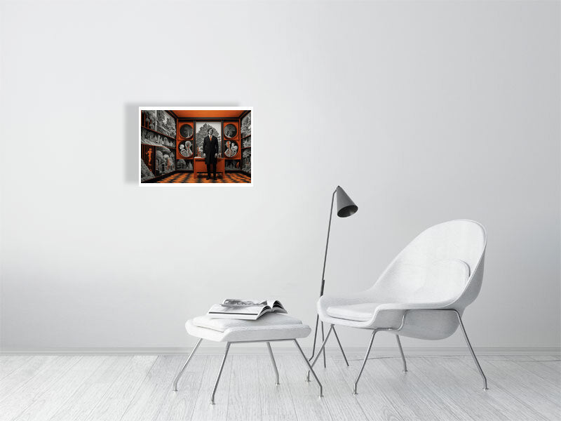 Fragments Of The Orange Labyrinth - Harbinger'S Study by Marina Sable – Giclée Print, 22cm x 32cm, 8.7in x 12.5in, Print Only, placed above a sleek desk in a modern workspace