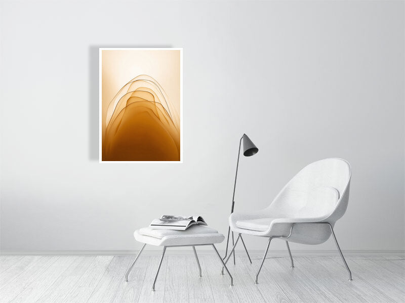 Golden Lumina - Golden Layers by Lucas Vale – Giclée Print, 41cm x 41cm, 16.0in x 16.2in, Print Only, placed above a sleek desk in a modern workspace