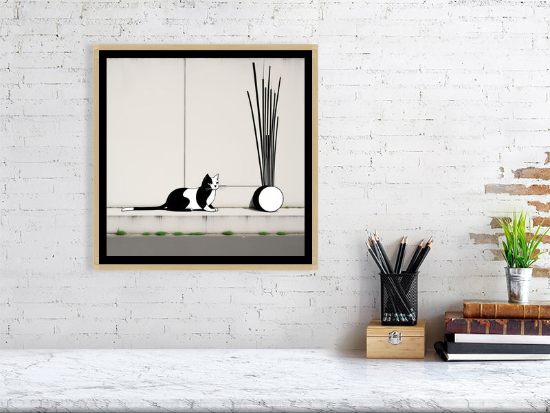 The Tale Of A Cat - Pt 1 - Linear Curiosity by Elena Selene – Giclée Print, 60cm x 80cm, 23.8in x 31.5in, Black Frame, placed above a sleek desk in a modern workspace