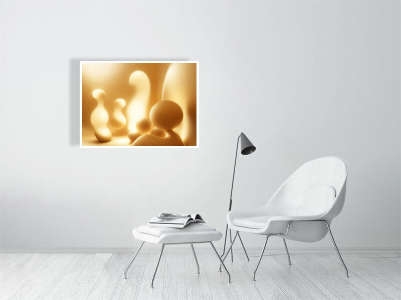 Golden Lumina - Golden Echoes by Lucas Vale – Giclée Print, 30cm x 30cm, 11.8in x 11.8in, Print Only, placed above a sleek desk in a modern workspace