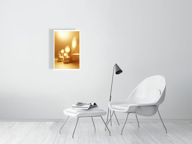 Golden Lumina - Luminous Haven by Lucas Vale – Giclée Print, 21cm x 33cm, 8.3in x 12.9in, Print Only, placed above a sleek desk in a modern workspace