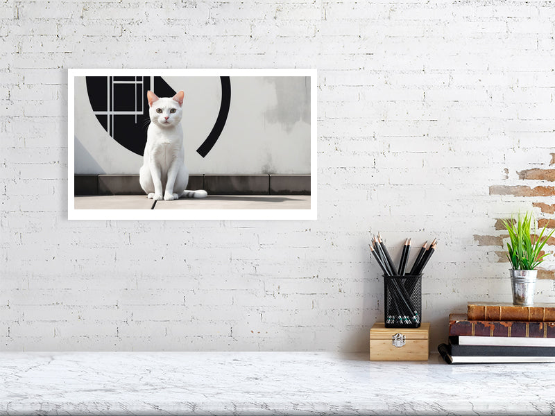 The Tale Of A Cat - Pt 1 - Gaze Of Simplicity by Elena Selene – Giclée Print, 30cm x 45cm, 11.8in x 17.7in, Oak Frame, placed above a sleek desk in a modern workspace