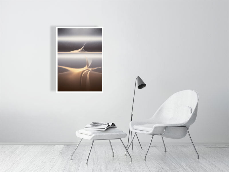 Golden Lumina - Veil Of Light by Lucas Vale – Giclée Print, 41cm x 41cm, 16.0in x 16.2in, Print Only, placed above a sleek desk in a modern workspace