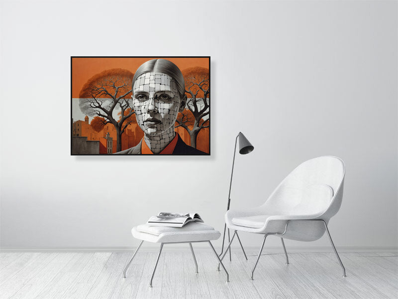 Fragments Of The Orange Labyrinth - Roots Of Identity by Marina Sable – Giclée Print, 94cm x 167cm, 36.9in x 65.7in, Print Only, placed above a sleek desk in a modern workspace