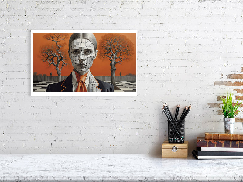 Fragments Of The Orange Labyrinth - Shattered Identity by Marina Sable – Giclée Print, 70cm x 100cm, 27.6in x 39.4in, Black Frame, placed above a sleek desk in a modern workspace