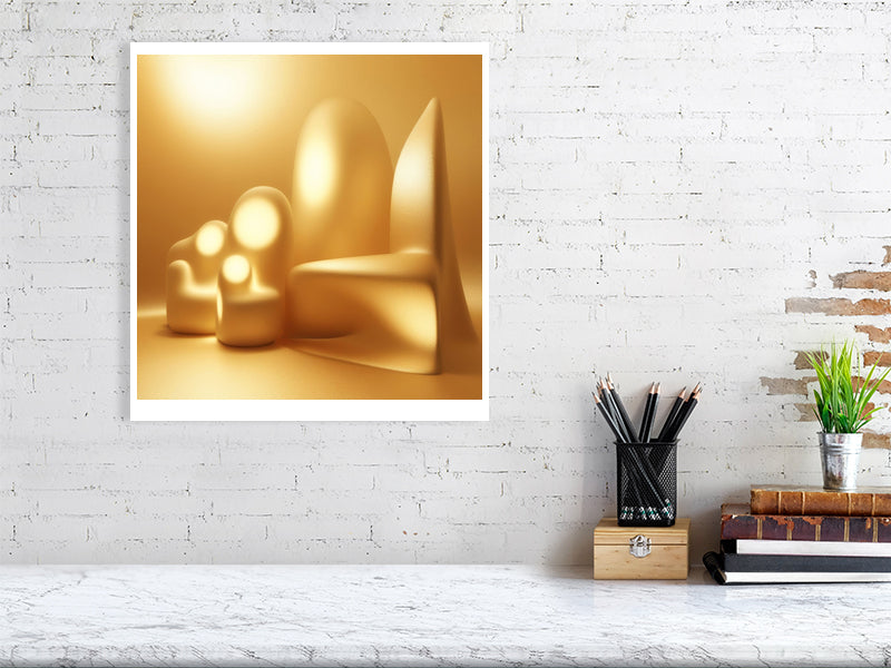 Golden Lumina - Luminous Haven by Lucas Vale – Giclée Print, 152cm x 152cm, 60.0in x 60.0in, Print Only, placed above a sleek desk in a modern workspace