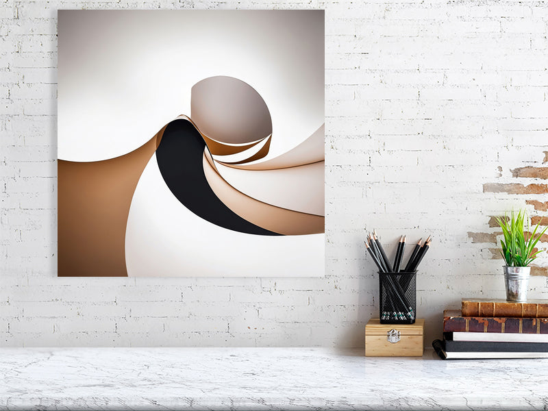 Golden Lumina - Spiral Interlude by Lucas Vale – Giclée Print, 40cm x 40cm, 15.8in x 15.8in, Black Frame, placed above a sleek desk in a modern workspace