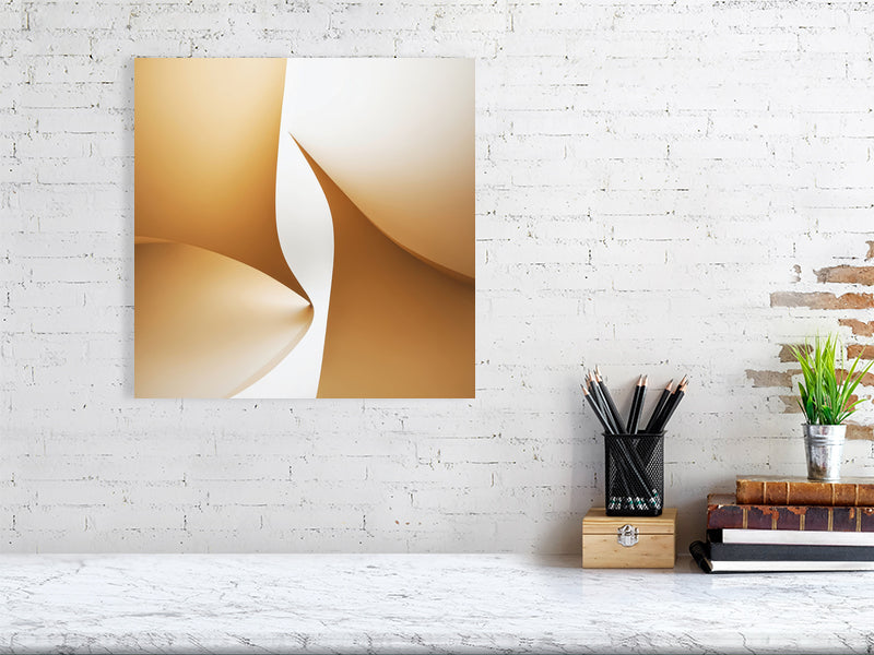 Golden Lumina - Golden Aperture by Lucas Vale – Giclée Print, 50cm x 50cm, 19.7in x 19.7in, Oak Frame, placed above a sleek desk in a modern workspace