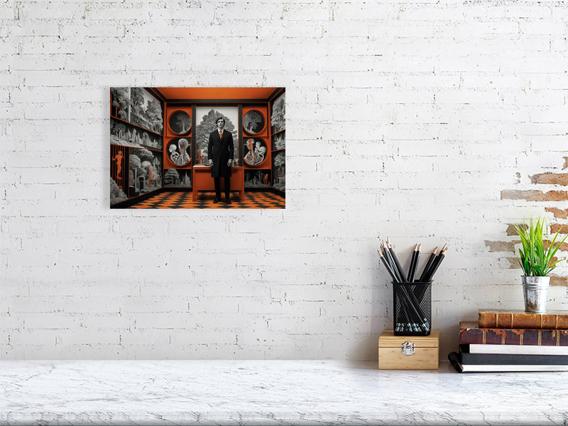 Fragments Of The Orange Labyrinth - Harbinger'S Study by Marina Sable – Giclée Print, 30cm x 42cm, 11.7in x 16.5in, Print Only, placed above a sleek desk in a modern workspace