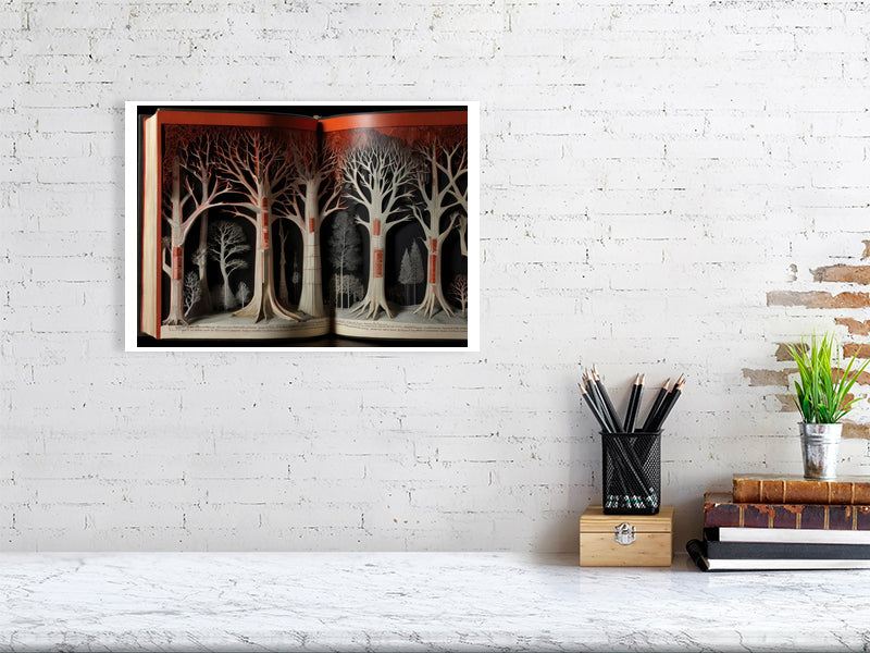 Fragments Of The Orange Labyrinth - Forest Of Words by Marina Sable – Giclée Print, 68cm x 114cm, 26.8in x 44.9in, Print Only, placed above a sleek desk in a modern workspace