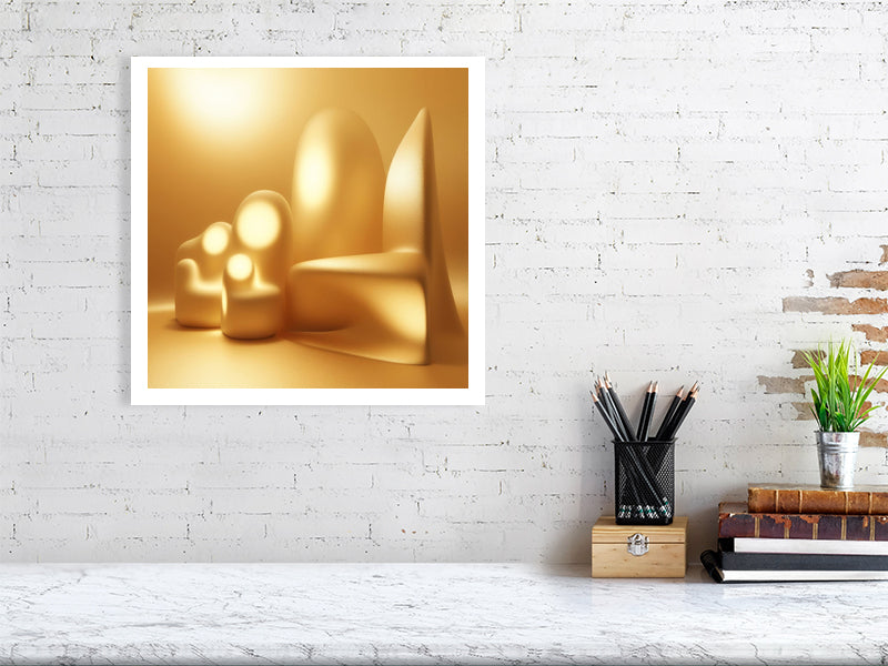 Golden Lumina - Luminous Haven by Lucas Vale – Giclée Print, 95cm x 98cm, 37.4in x 38.6in, Print Only, placed above a sleek desk in a modern workspace